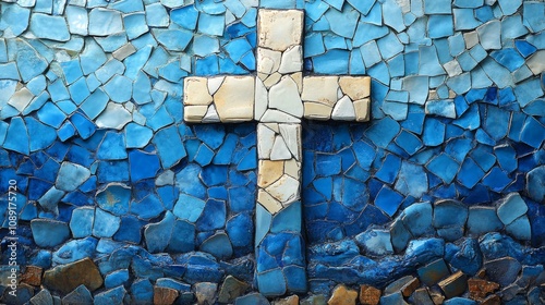 Mosaic Cross in Blue and White Symbolizing Life and Faith