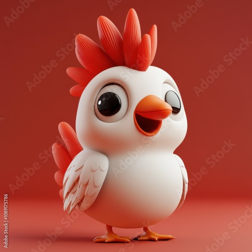 Adorable Cartoon Chicken on a Vibrant Red Background photo