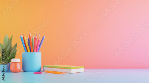 Vibrant Workspace Featuring Colorful Craft Supplies in a Serene Gradient Background, Perfect for Creative Projects and Artistic Inspiration