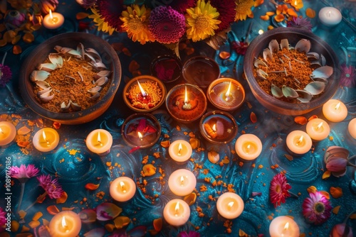 Diwali Celebration with Decorative Symbols and Lights photo