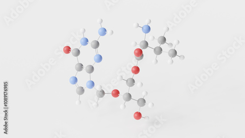 valganciclovir molecule 3d, molecular structure, ball and stick model, structural chemical formula antiviral drug photo