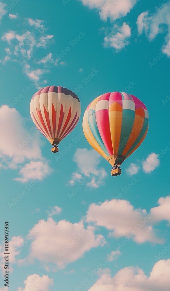 Colorful hot air balloons floating over a green field against a blue sky on a sunny day Colorful hot air balloons floating over a green field against a blue sky on a sunny day