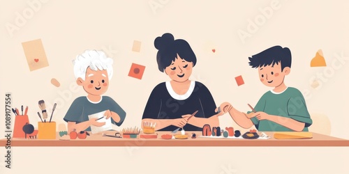 Grandparents teaching their grandkids traditional crafts, sharing cultural heritage,