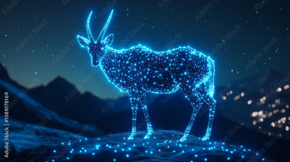Saiga antelope in a futuristic polygonal style, composed of glowing geometric lines and triangular patterns, mountainous background with a high-tech atmosphere Saiga antelope in a futuristic polygonal style, composed of glowing geometric lines and triangular patterns, mountainous background with a high-tech atmosphere