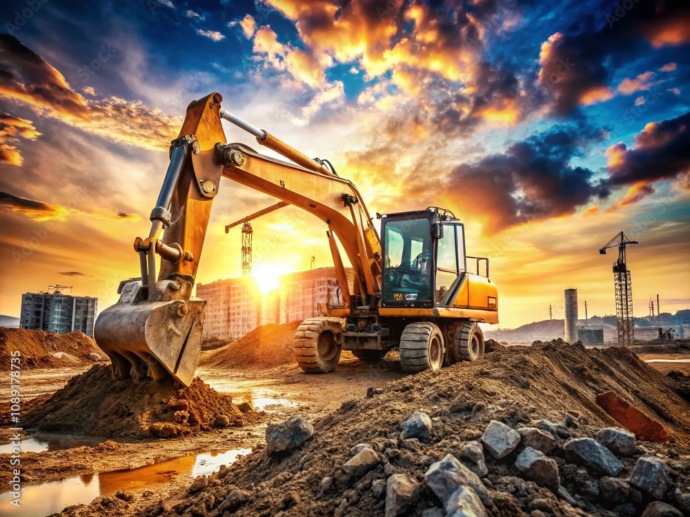 Dynamic Backhoe Tractor in Action at Construction Site with Rule of Thirds Composition Highlights Heavy Machinery and Earth Moving Operations Dynamic Backhoe Tractor in Action at Construction Site with Rule of Thirds Composition Highlights Heavy Machinery and Earth Moving Operations