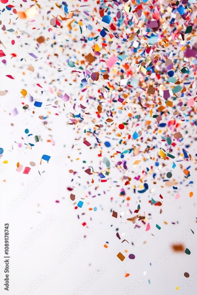 Colorful confetti falling on white backdrop Colorful confetti falling on white backdrop