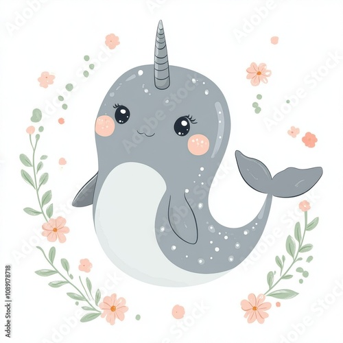 Cute cartoon-style baby gray seal and narwhal vector illustration, pastel colors, simple shapes