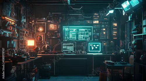 A 3D-illustrated vintage workshop with AI-powered gadgets, layered with 2D glowing schematics on the walls. 4k resolution, Cinematic Scene