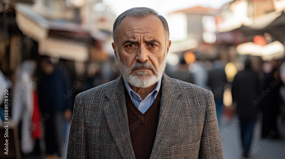 A serious man stands in a busy market street, surrounded by people and stalls. A serious man stands in a busy market street, surrounded by people and stalls.