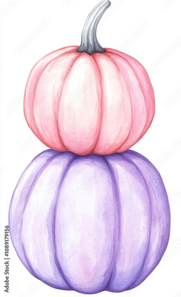 Cute watercolor clipart of two pink and purple pumpkins stacked on top Cute watercolor clipart of two pink and purple pumpkins stacked on top