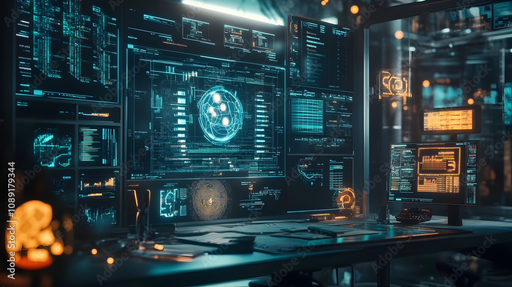 A 70s-inspired AI tech lab with glowing 3D-rendered tools and 2D holographic projections of research data. 4k resolution, Cinematic Scene A 70s-inspired AI tech lab with glowing 3D-rendered tools and 2D holographic projections of research data. 4k resolution, Cinematic Scene