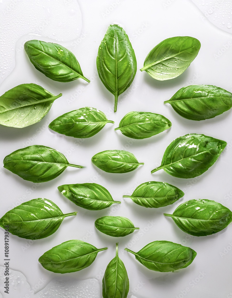 Obraz premium Bright green basil leaves are arranged in a glass grid pattern with a few water droplets