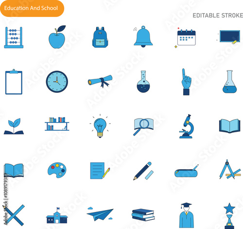 Education Icons School Supplies, Learning, and Knowledge Symbols