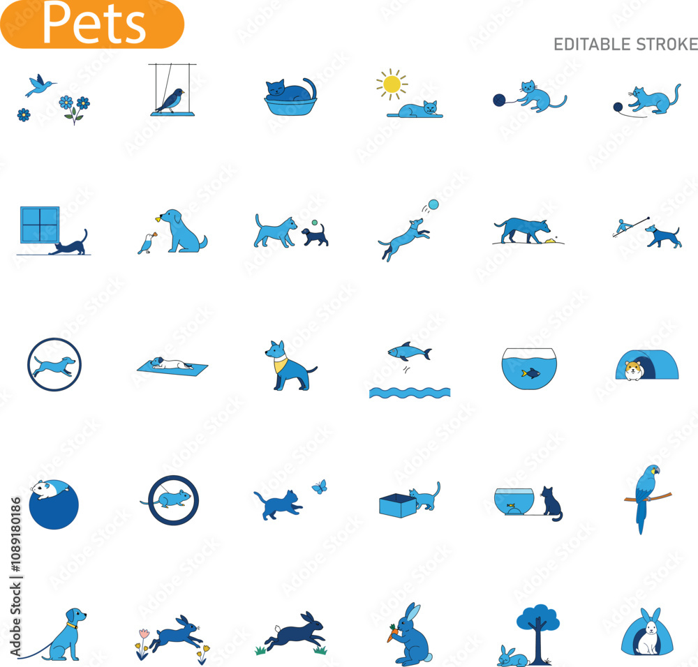 A collection of charming pet icons, including cats, dogs, birds, fish, rabbits, and their activities. Simple, lineart style, editable strokes. A collection of charming pet icons, including cats, dogs, birds, fish, rabbits, and their activities. Simple, lineart style, editable strokes.