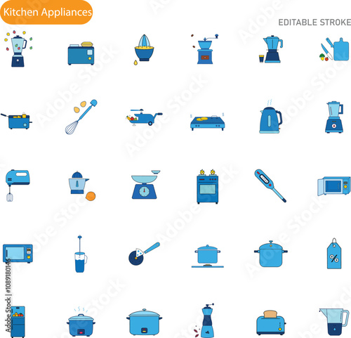 A collection of 30 flatdesign icons depicting various kitchen appliances, including blenders, cookers, kettles, and more. Blue color scheme, editable strokes.