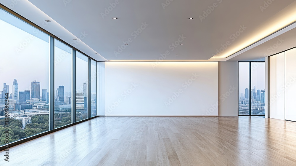 A spacious, modern interior with large windows showcasing a cityscape. A spacious, modern interior with large windows showcasing a cityscape.