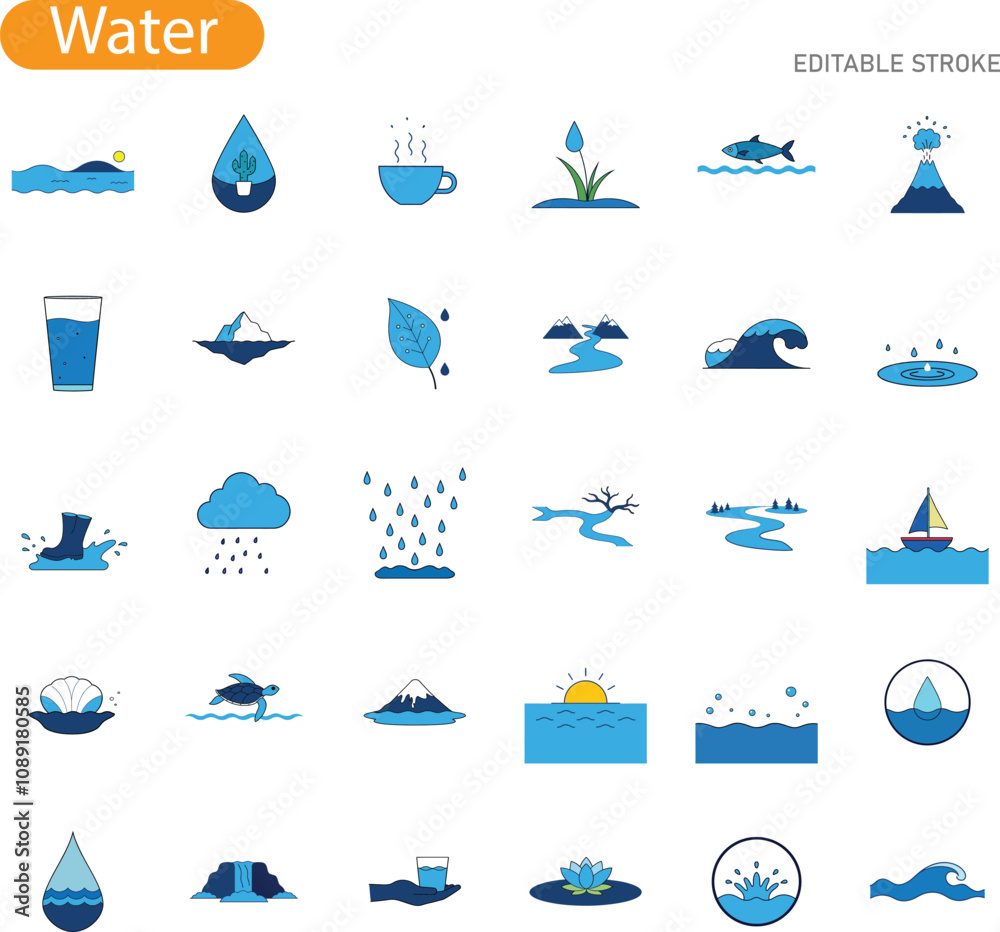 Fototapeta premium A collection of 30 diverse waterthemed icons depicting various states, sources, and natural occurrences of water, including rain, rivers, oceans, and more.
