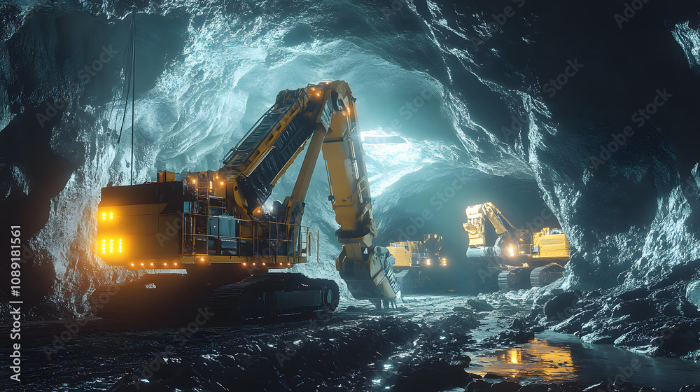 A sci-fi inspired mining operation with luminous, robotic drills working on glowing mineral deposits in a surreal environment. 4k resolution, cinematic scene A sci-fi inspired mining operation with luminous, robotic drills working on glowing mineral deposits in a surreal environment. 4k resolution, cinematic scene