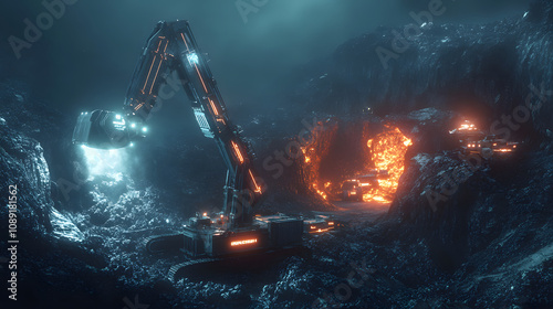 A sci-fi inspired mining operation with luminous, robotic drills working on glowing mineral deposits in a surreal environment. 4k resolution, cinematic scene photo