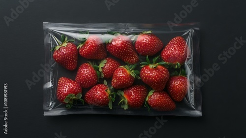 Vacuum-sealed strawberries with stems intact, packed in transparent wrap showcasing their vibrant red hue, resting on a dark slate surface, Photorealistic
