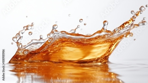 Amber liquid splash crown, white background.