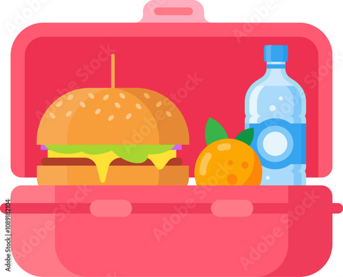 Pink lunchbox containing a burger, an orange and a bottle of water, representing a healthy and balanced meal for school or work