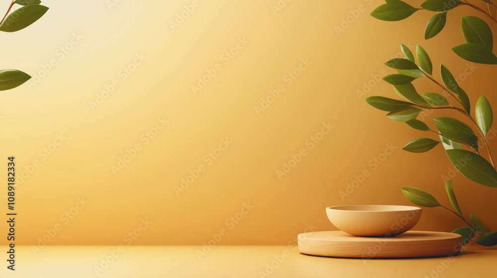 Serene Artisan Bowl on Wooden Base Surrounded by Lush Greenery Against a Smooth Gradient Background Serene Artisan Bowl on Wooden Base Surrounded by Lush Greenery Against a Smooth Gradient Background