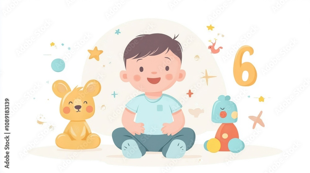 Cheerful Baby Surrounded by Soft Toys at Six Months Cheerful Baby Surrounded by Soft Toys at Six Months