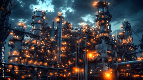 A dreamlike industrial facility with surreal lighting effects and glowing, conceptual designs integrated into its structures. 4k resolution, cinematic scene