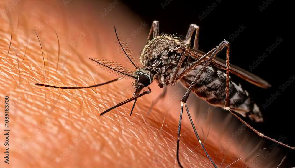 A mosquito is biting a person's arm. The mosquito is black and white. The person is wearing a sleeveless shirt A mosquito is biting a person's arm. The mosquito is black and white. The person is wearing a sleeveless shirt
