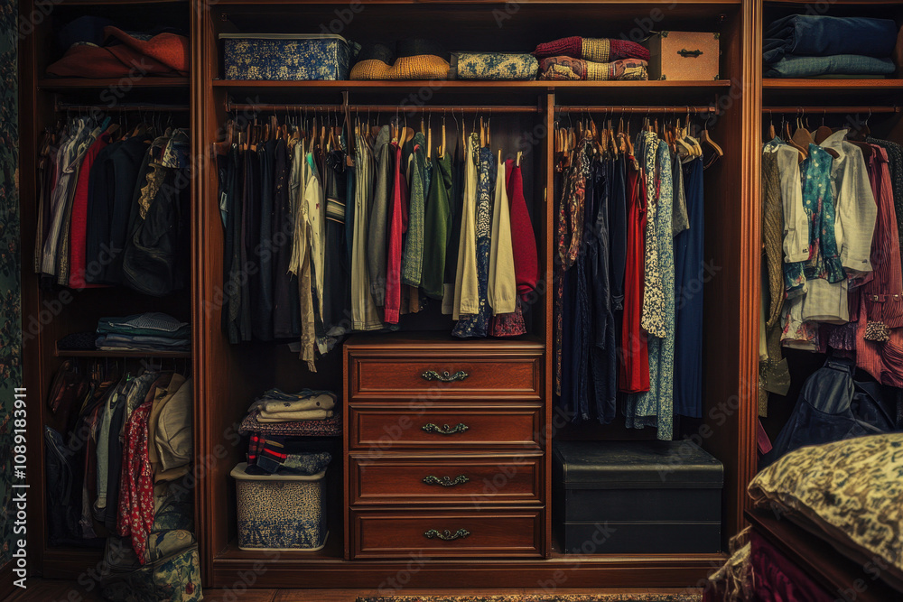 A well-organized wooden wardrobe filled with assorted clothes, shoes, and accessories, showcasing a neat and colorful arrangement in a cozy bedroom setting. A well-organized wooden wardrobe filled with assorted clothes, shoes, and accessories, showcasing a neat and colorful arrangement in a cozy bedroom setting.