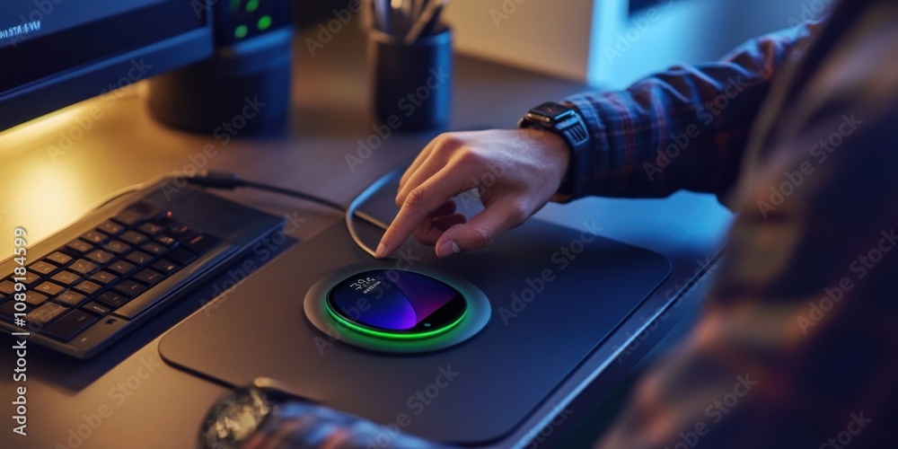 Person using a wireless charging pad for their phone and smartwatch on a modern desk, sleek setup, Person using a wireless charging pad for their phone and smartwatch on a modern desk, sleek setup,