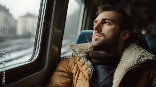 A man sitting in an empty train car, staring out the window, his expression contemplative and reflective. 4k resolution, Cinematic Scene