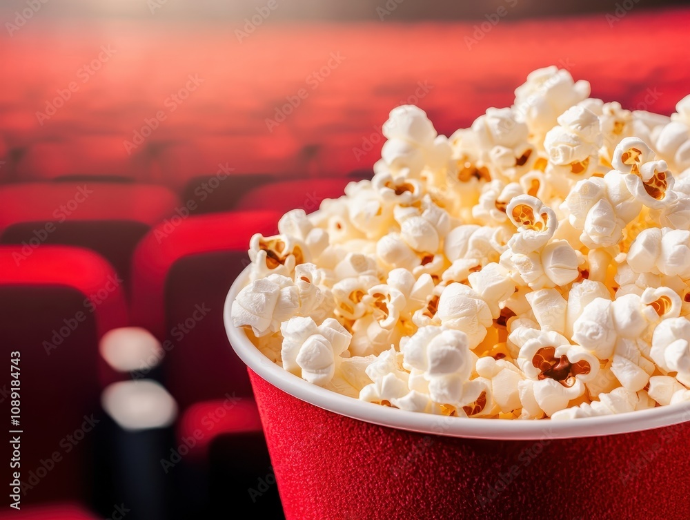 Cinematic Experience Buttered Popcorn in a Movie Theater Food Indoor Setting Close-Up Viewpoint for Movie Lovers Cinematic Experience Buttered Popcorn in a Movie Theater Food Indoor Setting Close-Up Viewpoint for Movie Lovers