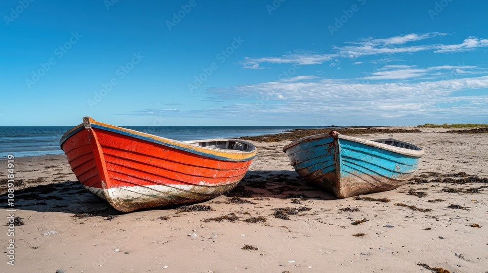 Colorful Local Boats Resting on Beach with Clear Blue Sky Colorful Local Boats Resting on Beach with Clear Blue Sky