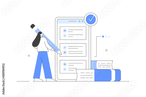 Student learning. Character studying on online educational platform. Online exam concept, checklist and pencil. Education and knowledge. Flat Cartoon Vector Illustration, icon. Stylish Abstract Modern