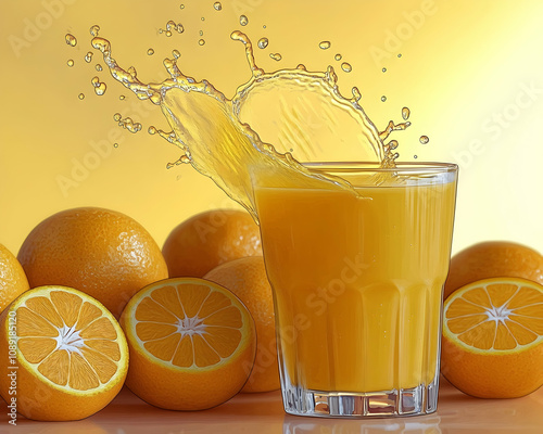 Fresh orange juice splash in glass, surrounded by oranges. photo