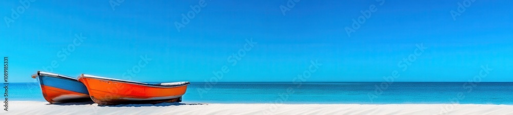 Colorful Local Boats Resting on Beach with Clear Blue Sky Colorful Local Boats Resting on Beach with Clear Blue Sky