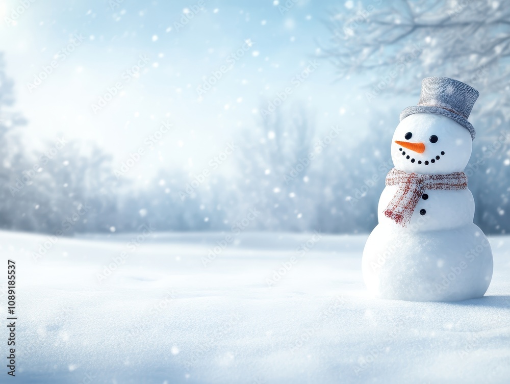 Fototapeta premium Creating a Cozy Winter Atmosphere Snowman with Carrot Nose and Scarf in a Snowy Landscape Captured in Nature's Serenity