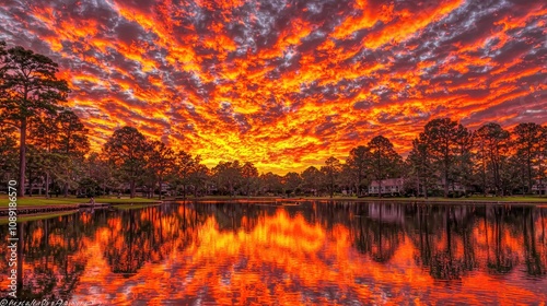 Vibrant sunset reflections on a tranquil lake surrounded by trees. photo