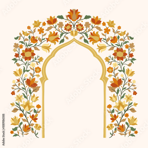 Mughal decorative ornamental floral arch. Vintage intricate traditional mughal style with flowers and foliage.