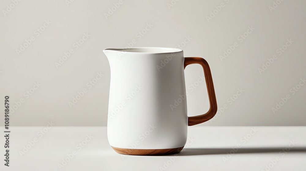 Modern white pitcher with wooden handle on neutral background. Modern white pitcher with wooden handle on neutral background.