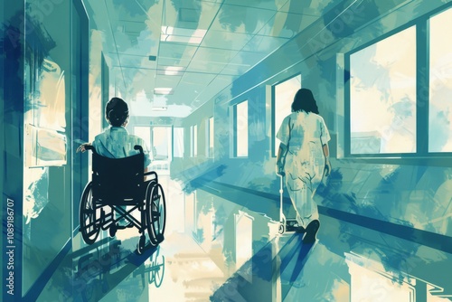 Digital Illustration of a Caring Nurse Assisting a Patient in a Wheelchair Through a Bright Hospital Corridor Filled with Natural Light