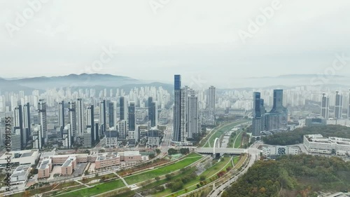 Drone View of Sejong City in South Korea, Park, Autumn, 60fps photo