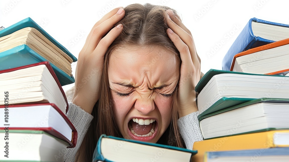 Frustrated student overwhelmed by books and stress during study time.