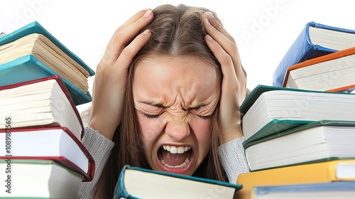 Obraz na płótnie Frustrated student overwhelmed by books and stress during study time. w salonie