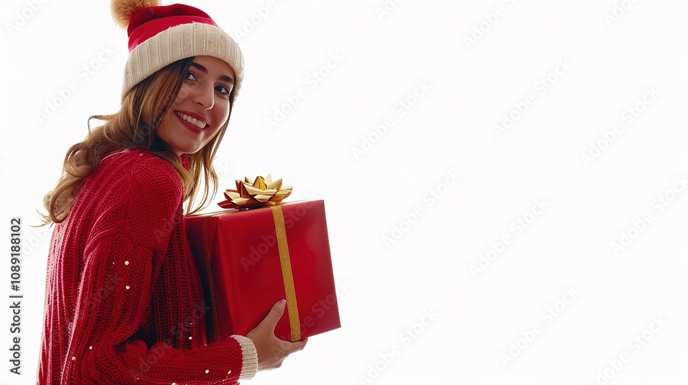 Woman Smiling with Christmas Gift Present Box on White Background - A Picture of Holiday Joy. The Woman's Cheerful Expression as She Holds the Beautifully Wrapped Box, Radiating Happiness. The White Woman Smiling with Christmas Gift Present Box on White Background - A Picture of Holiday Joy. The Woman's Cheerful Expression as She Holds the Beautifully Wrapped Box, Radiating Happiness. The White