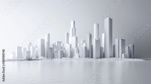 stunning 3D representation of Chicago skyline in white material, showcasing modern architecture and urban design. serene water reflects intricate details of buildings, creating peaceful atmosphere