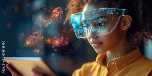 Teenager using a tablet with an augmented reality app for learning biology, visual and engaging,