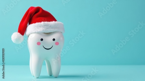 Happy smiling Tooth in red santa hat on blue background, space for text, banner for dentist happy new year, dentistry new year concept 2025